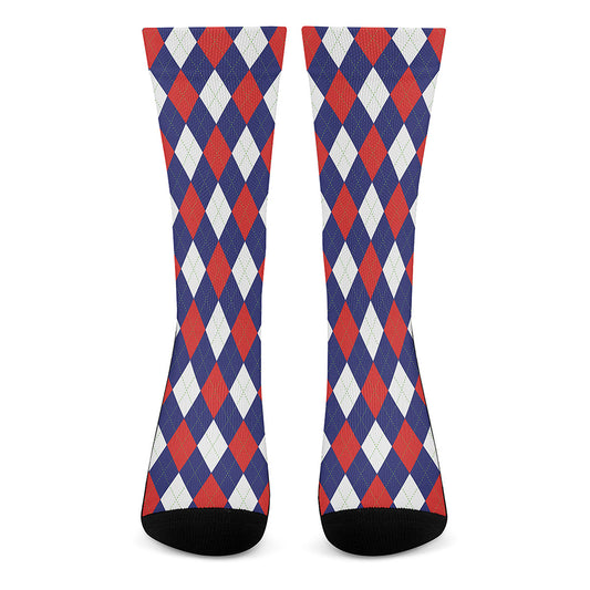Blue Red And White Argyle Pattern Print Crew Socks