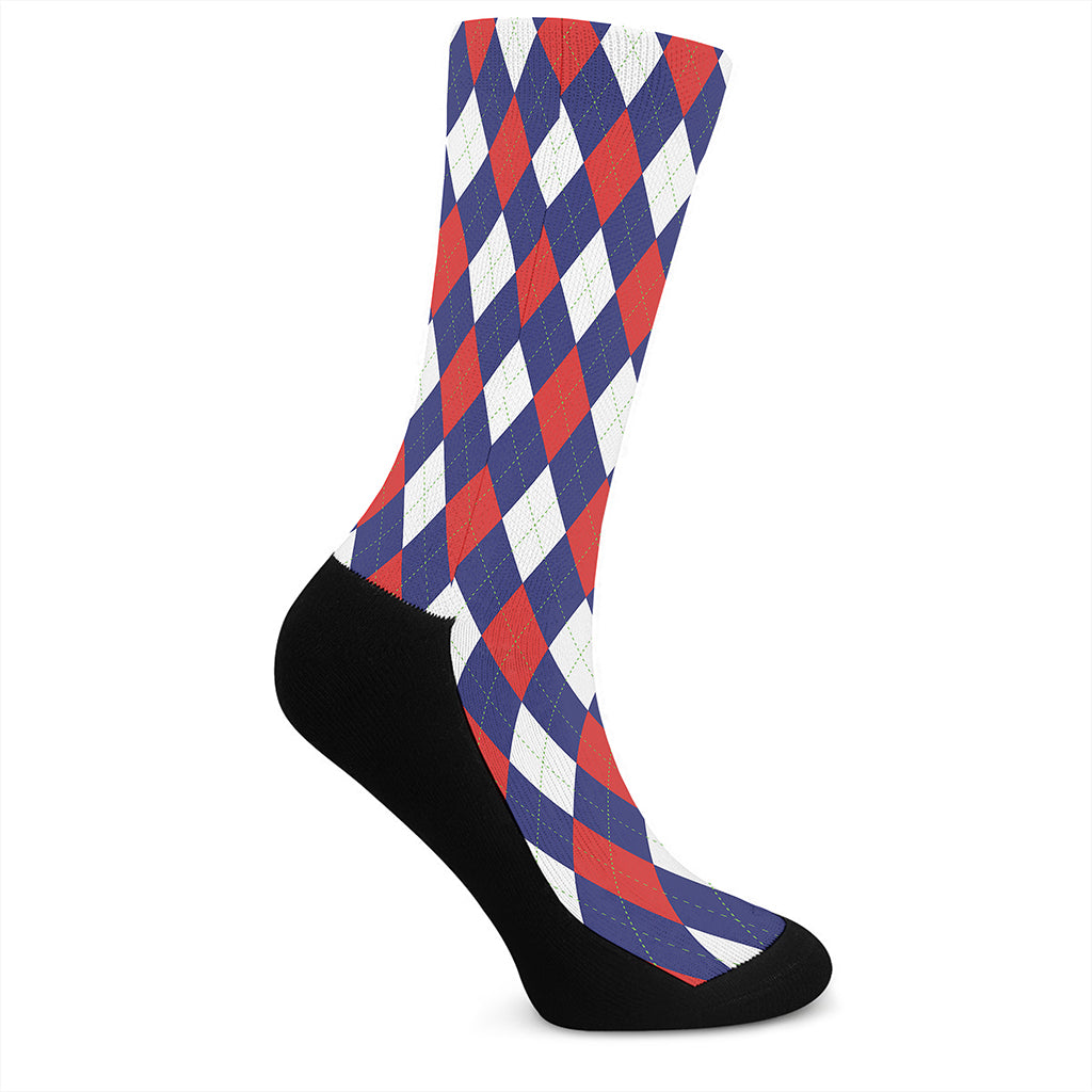 Blue Red And White Argyle Pattern Print Crew Socks