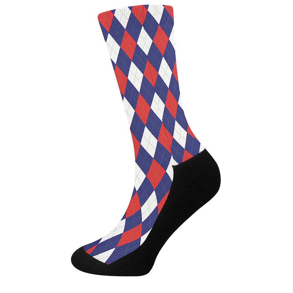 Blue Red And White Argyle Pattern Print Crew Socks