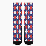 Blue Red And White Argyle Pattern Print Crew Socks