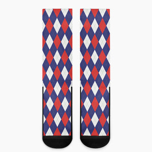 Blue Red And White Argyle Pattern Print Crew Socks