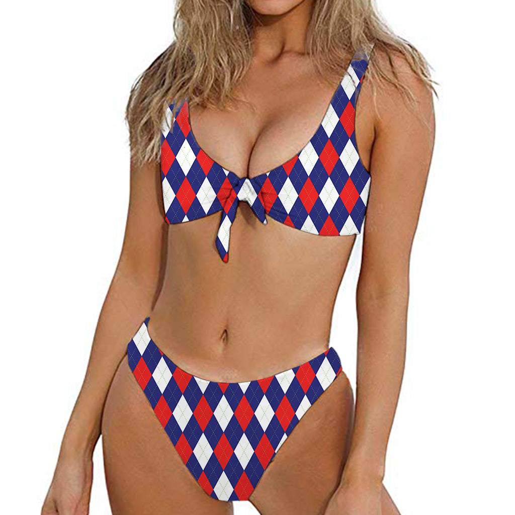 Blue Red And White Argyle Pattern Print Front Bow Tie Bikini