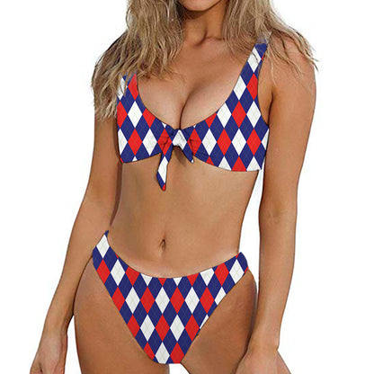 Blue Red And White Argyle Pattern Print Front Bow Tie Bikini