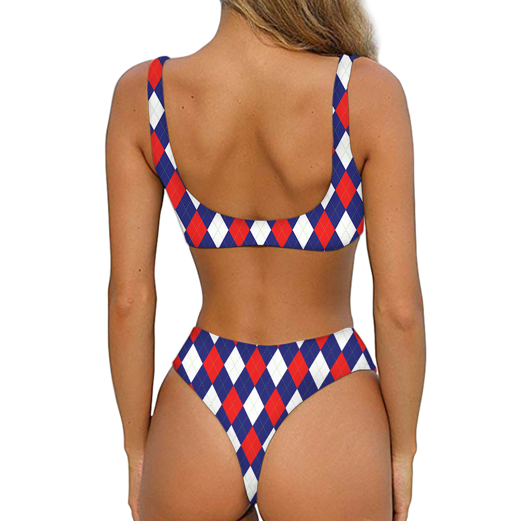 Blue Red And White Argyle Pattern Print Front Bow Tie Bikini