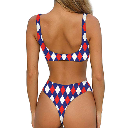 Blue Red And White Argyle Pattern Print Front Bow Tie Bikini
