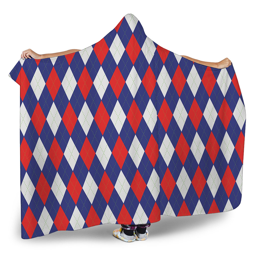Blue Red And White Argyle Pattern Print Hooded Blanket