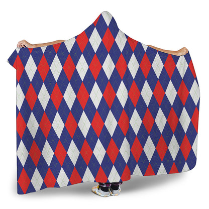 Blue Red And White Argyle Pattern Print Hooded Blanket