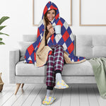 Blue Red And White Argyle Pattern Print Hooded Blanket