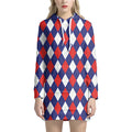 Blue Red And White Argyle Pattern Print Pullover Hoodie Dress