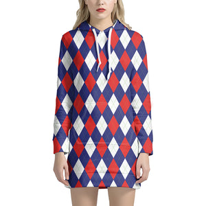 Blue Red And White Argyle Pattern Print Hoodie Dress