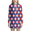 Blue Red And White Argyle Pattern Print Hoodie Dress