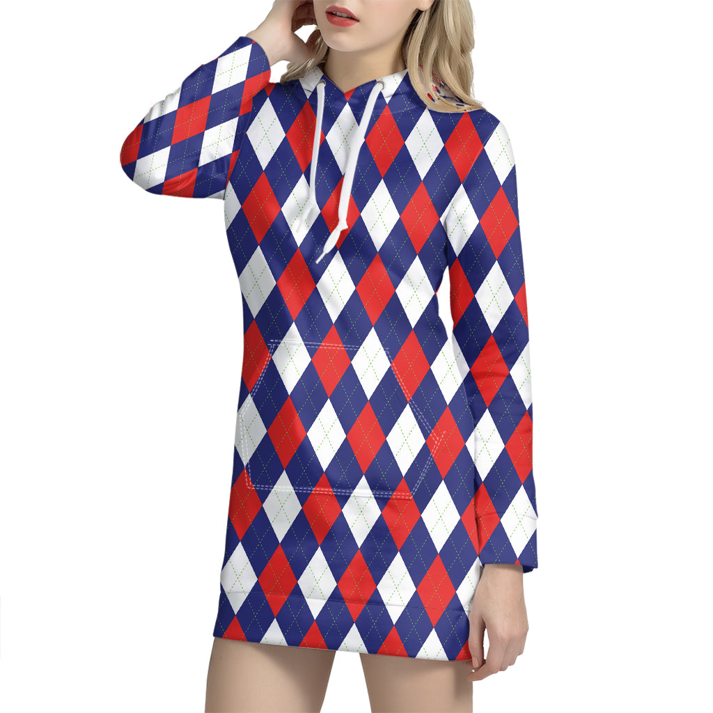 Blue Red And White Argyle Pattern Print Hoodie Dress