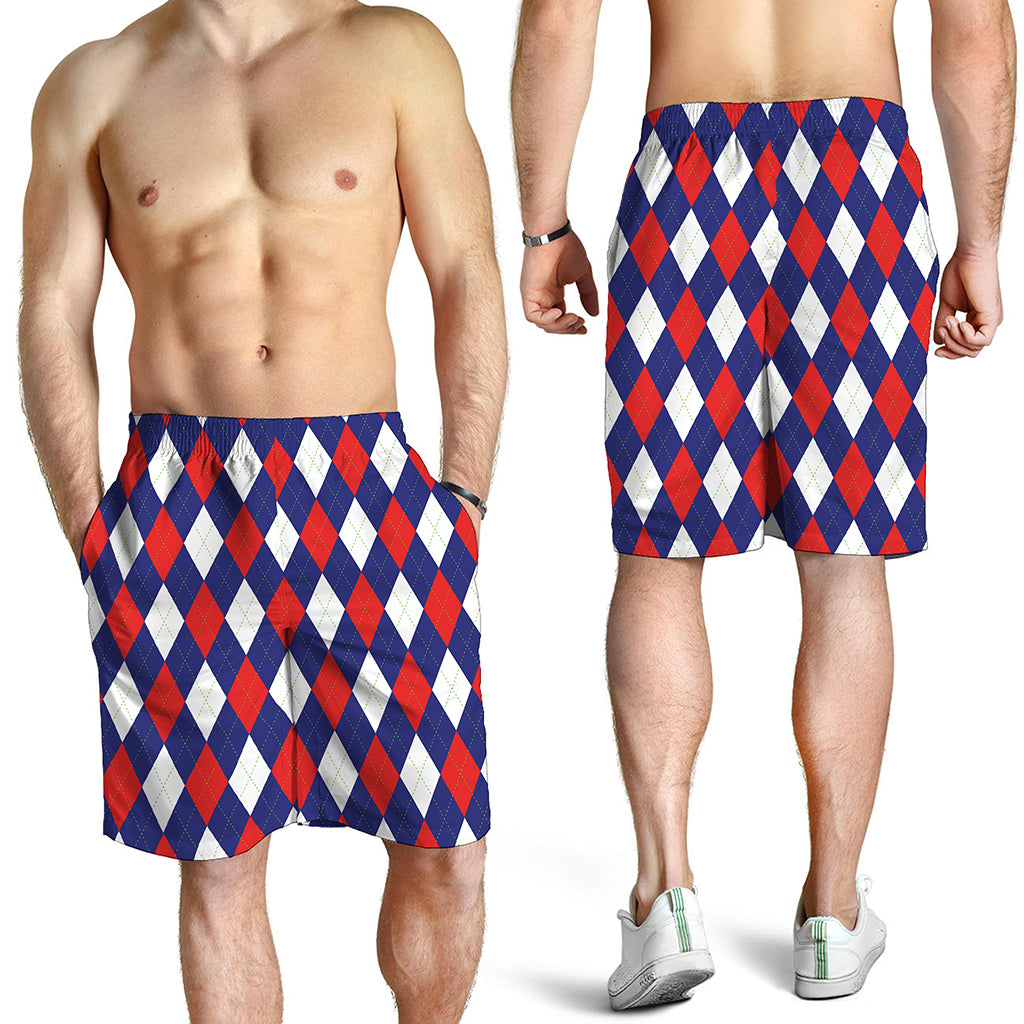 Blue Red And White Argyle Pattern Print Men's Shorts