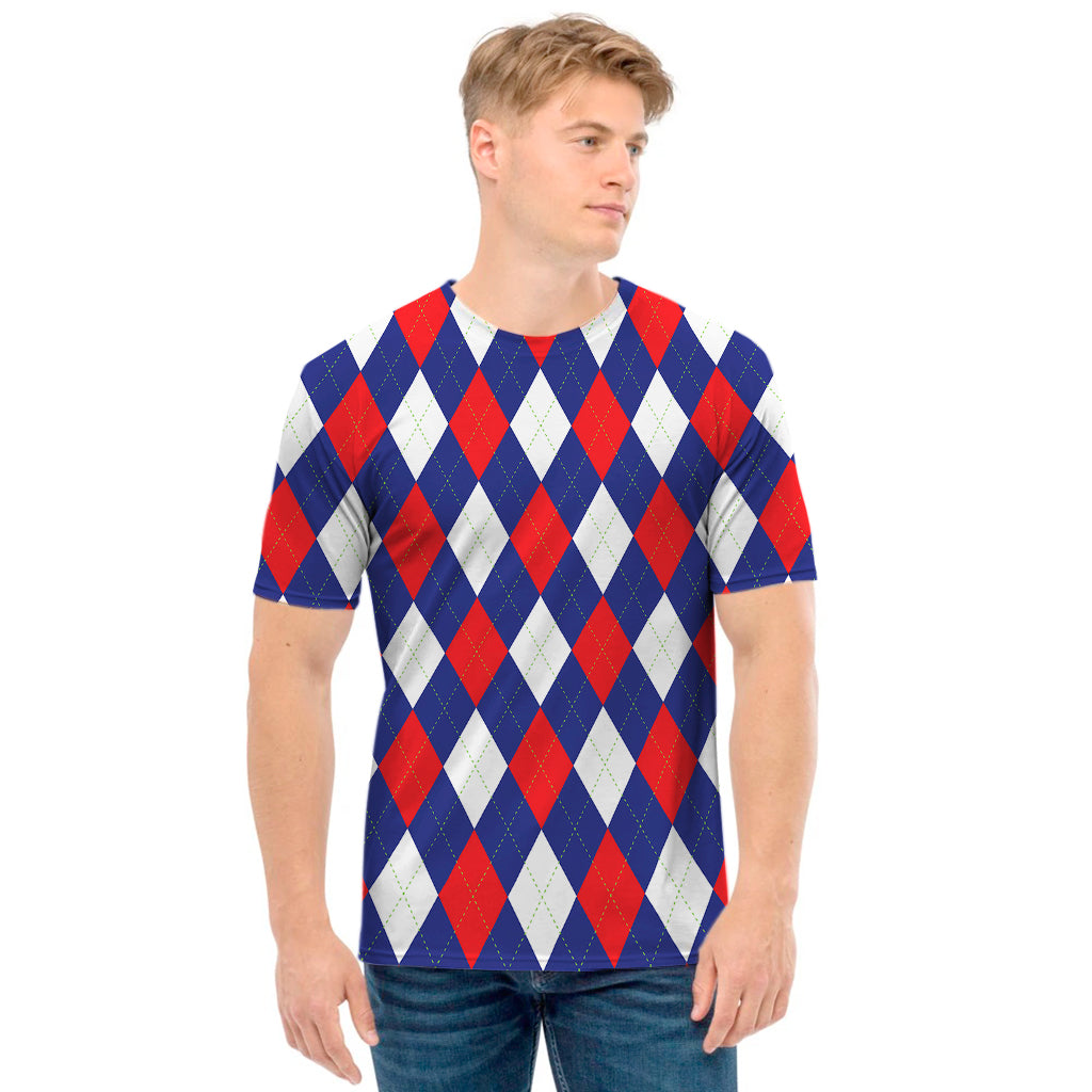 Blue Red And White Argyle Pattern Print Men's T-Shirt