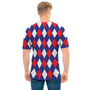 Blue Red And White Argyle Pattern Print Men's T-Shirt