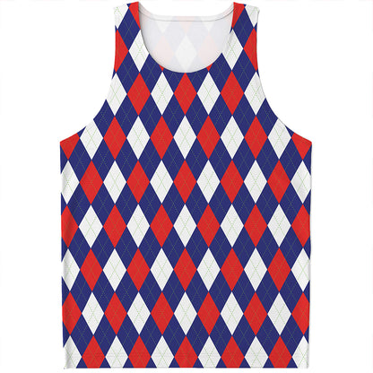 Blue Red And White Argyle Pattern Print Men's Tank Top