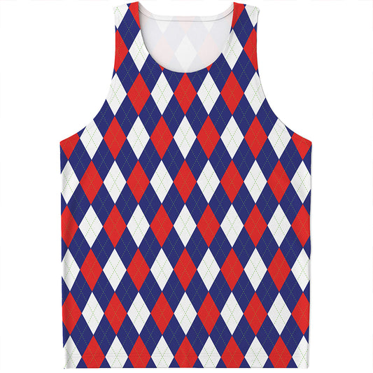 Blue Red And White Argyle Pattern Print Men's Tank Top