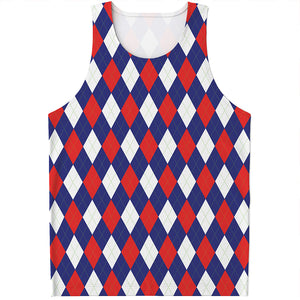 Blue Red And White Argyle Pattern Print Men's Tank Top