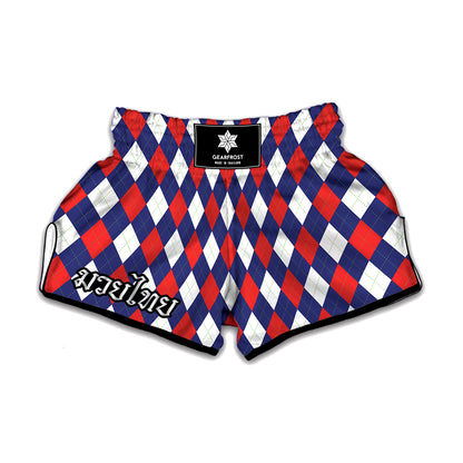 Blue Red And White Argyle Pattern Print Muay Thai Boxing Shorts