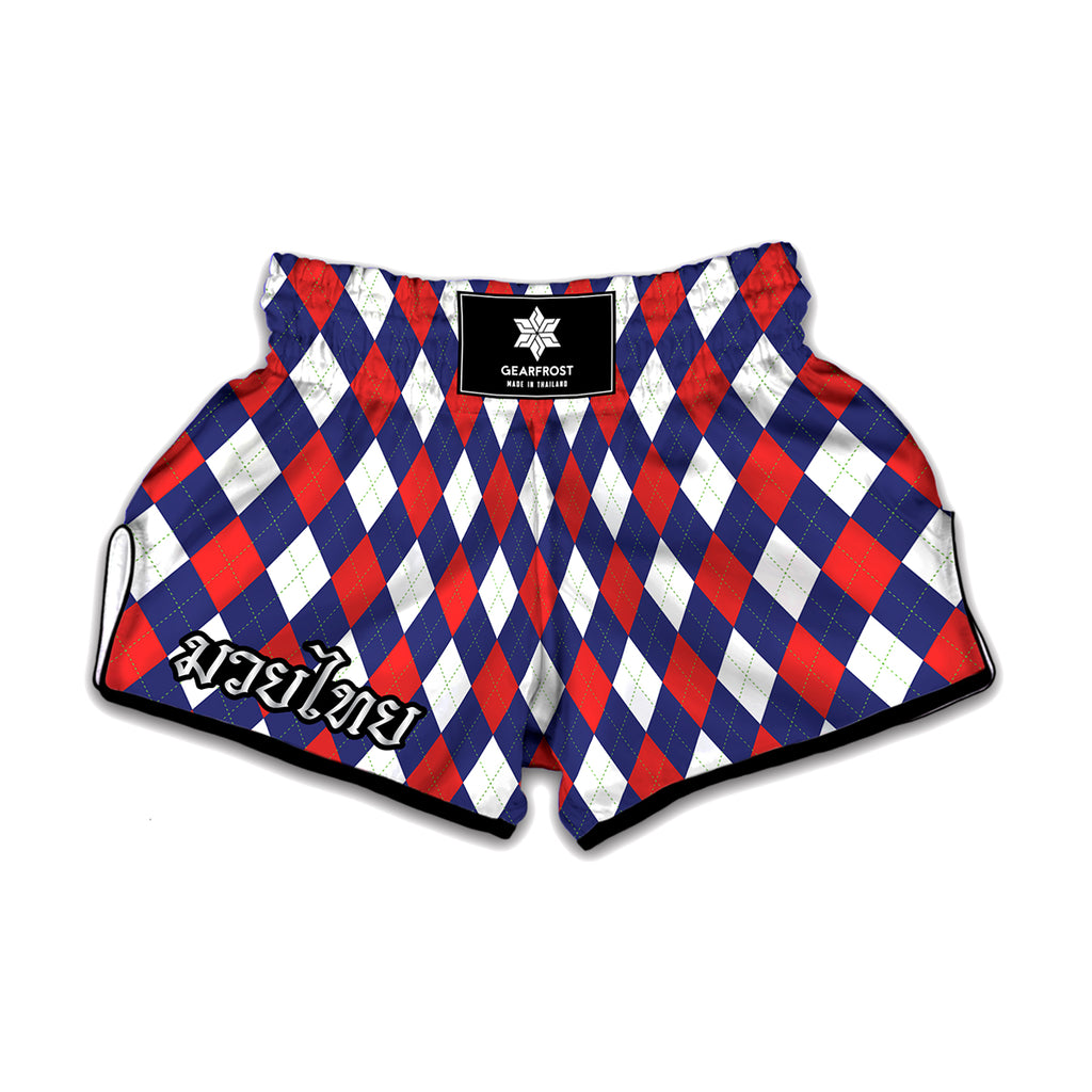 Blue Red And White Argyle Pattern Print Muay Thai Boxing Shorts