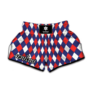 Blue Red And White Argyle Pattern Print Muay Thai Boxing Shorts