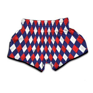 Blue Red And White Argyle Pattern Print Muay Thai Boxing Shorts