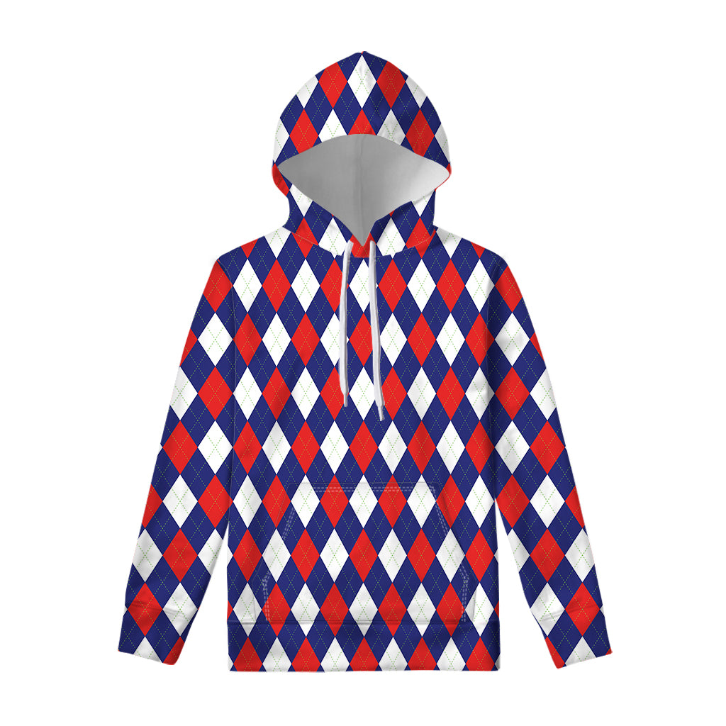 Blue Red And White Argyle Pattern Print Pullover Hoodie
