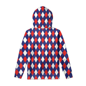 Blue Red And White Argyle Pattern Print Pullover Hoodie