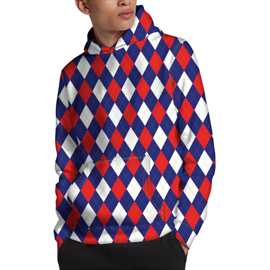 Blue Red And White Argyle Pattern Print Pullover Hoodie