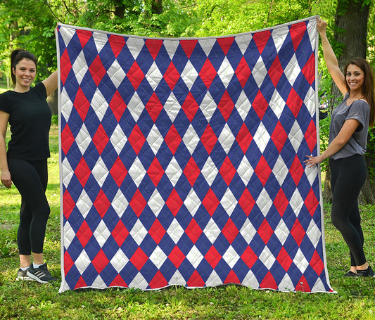 Blue Red And White Argyle Pattern Print Quilt