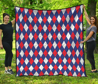 Blue Red And White Argyle Pattern Print Quilt
