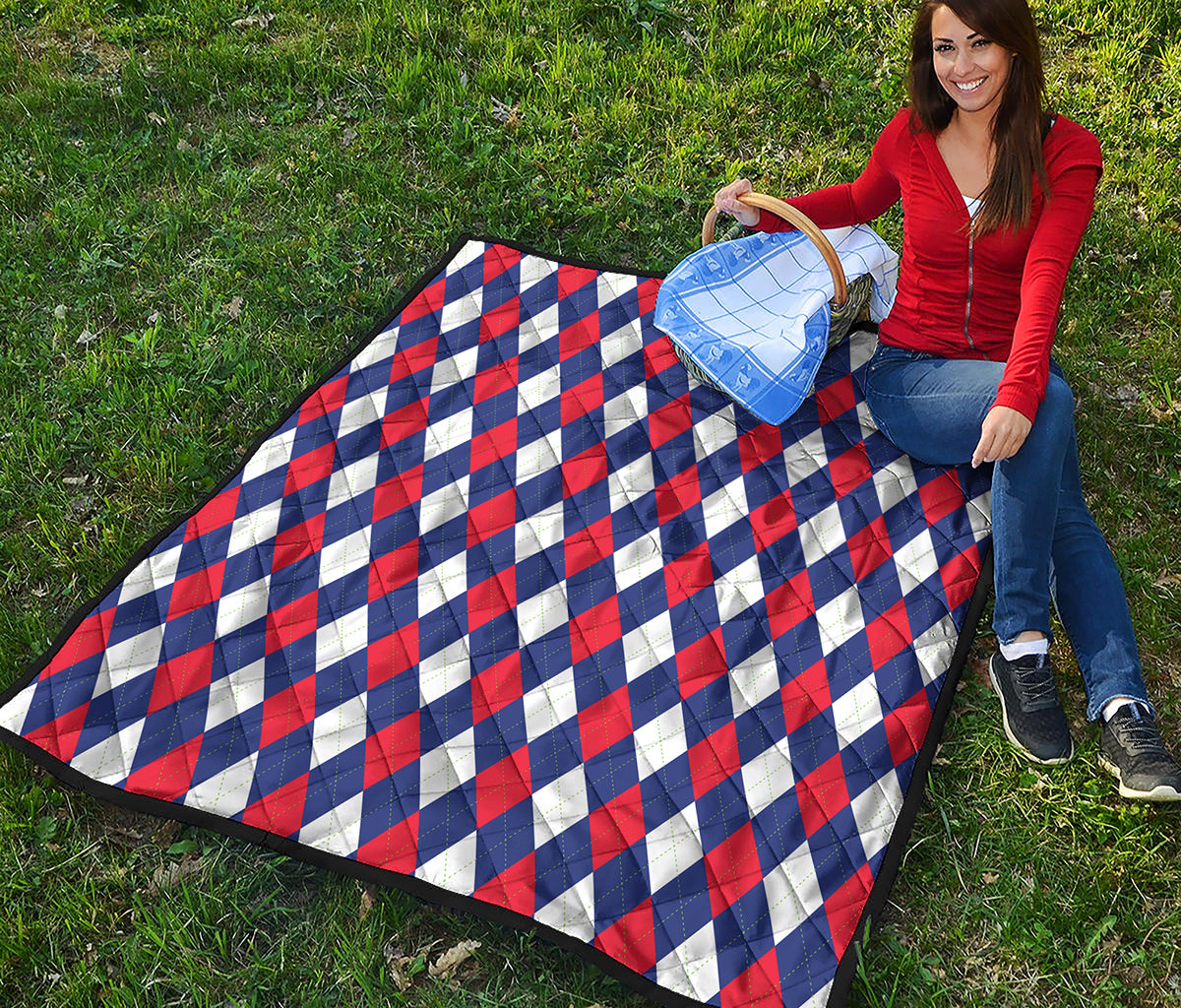 Blue Red And White Argyle Pattern Print Quilt
