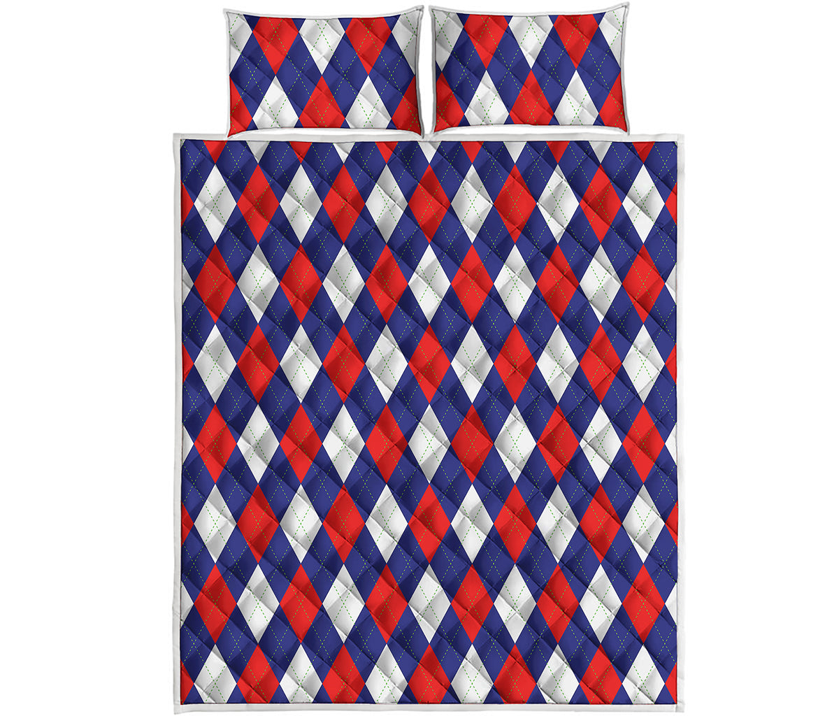 Blue Red And White Argyle Pattern Print Quilt Bed Set