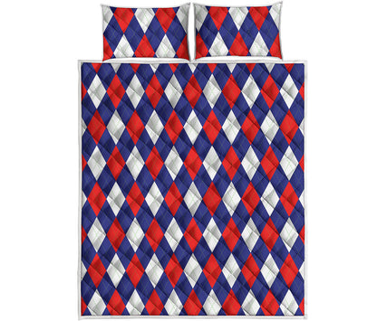 Blue Red And White Argyle Pattern Print Quilt Bed Set