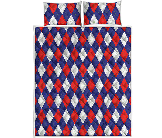 Blue Red And White Argyle Pattern Print Quilt Bed Set