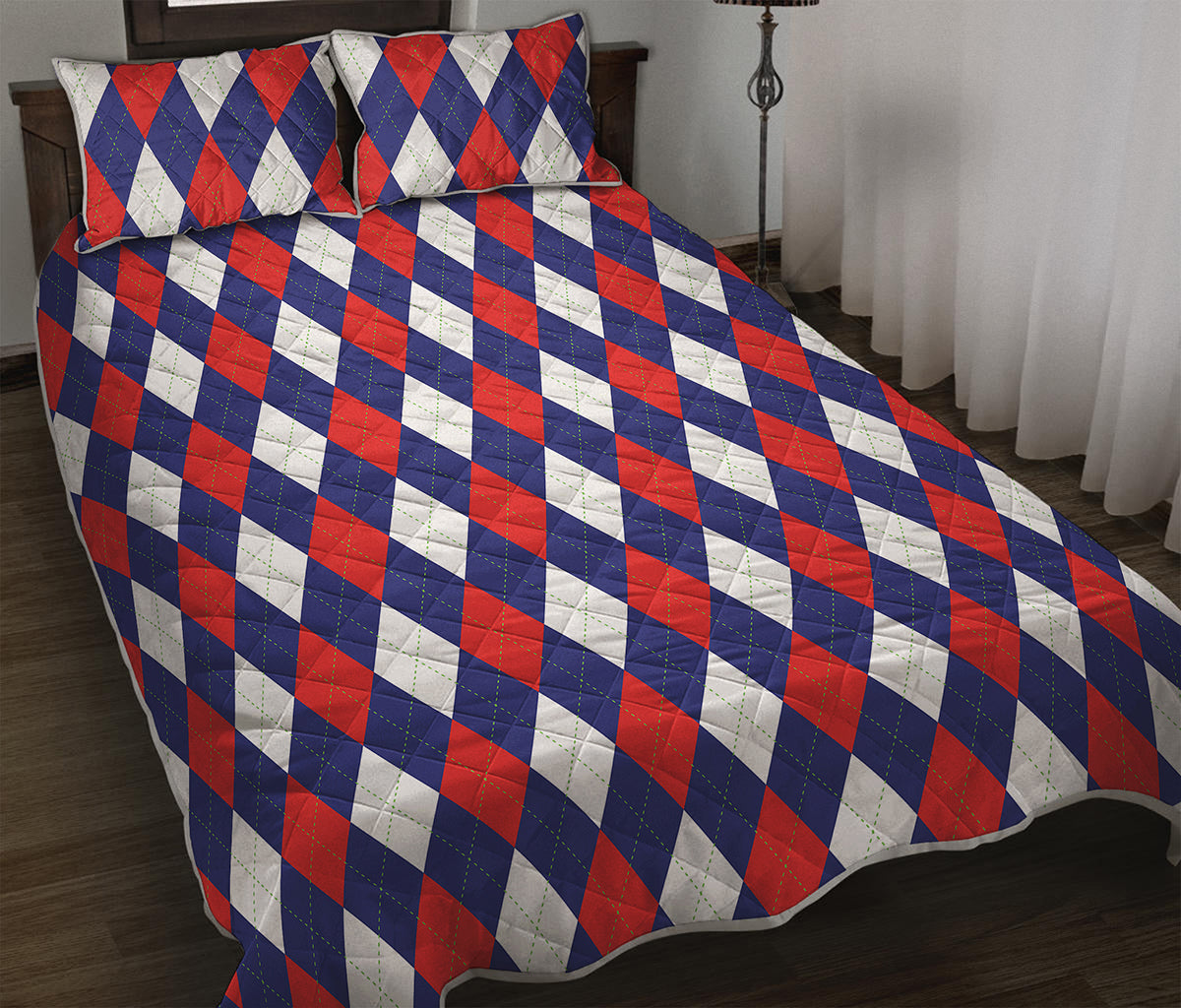 Blue Red And White Argyle Pattern Print Quilt Bed Set