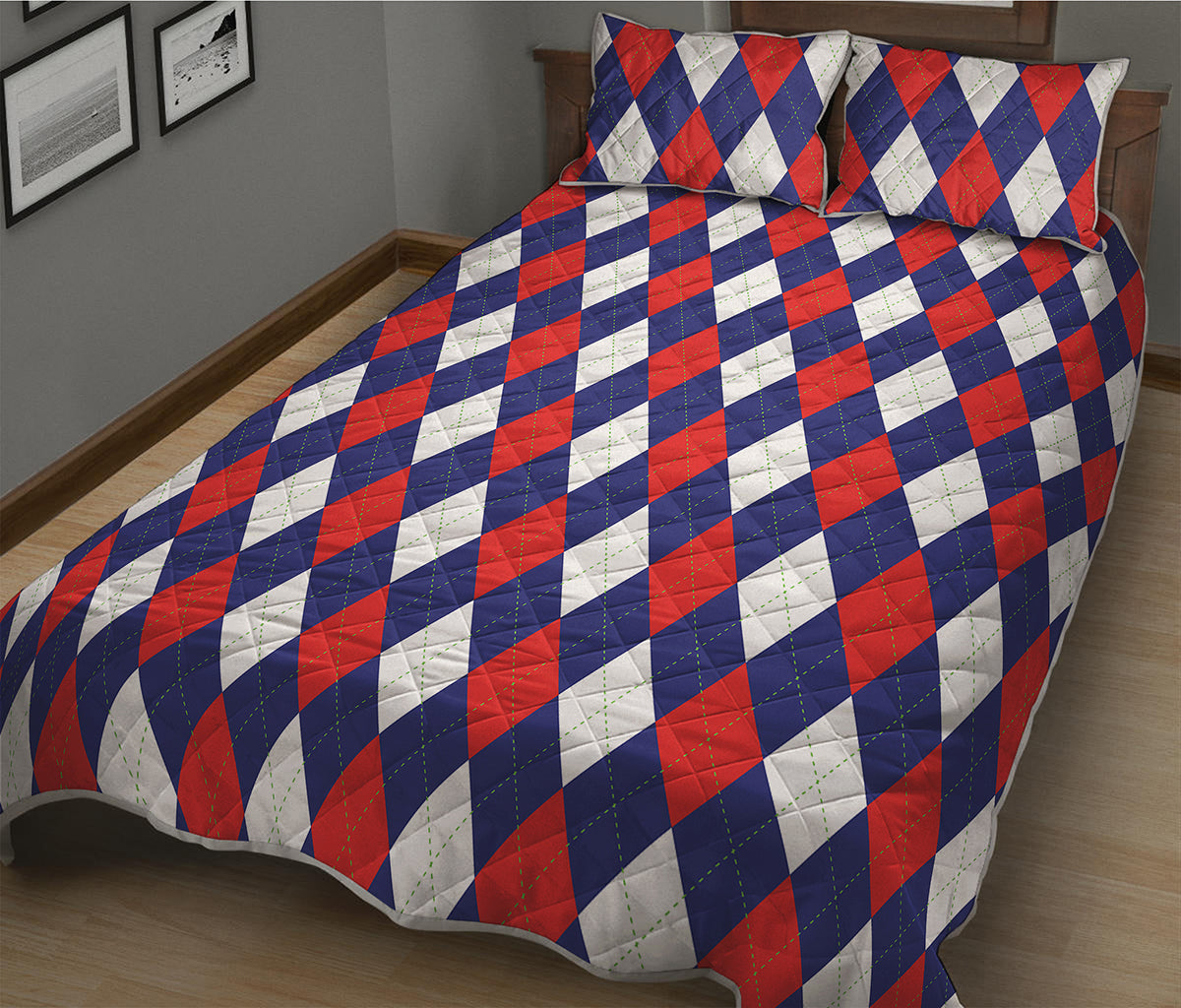 Blue Red And White Argyle Pattern Print Quilt Bed Set