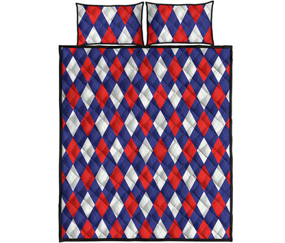 Blue Red And White Argyle Pattern Print Quilt Bed Set