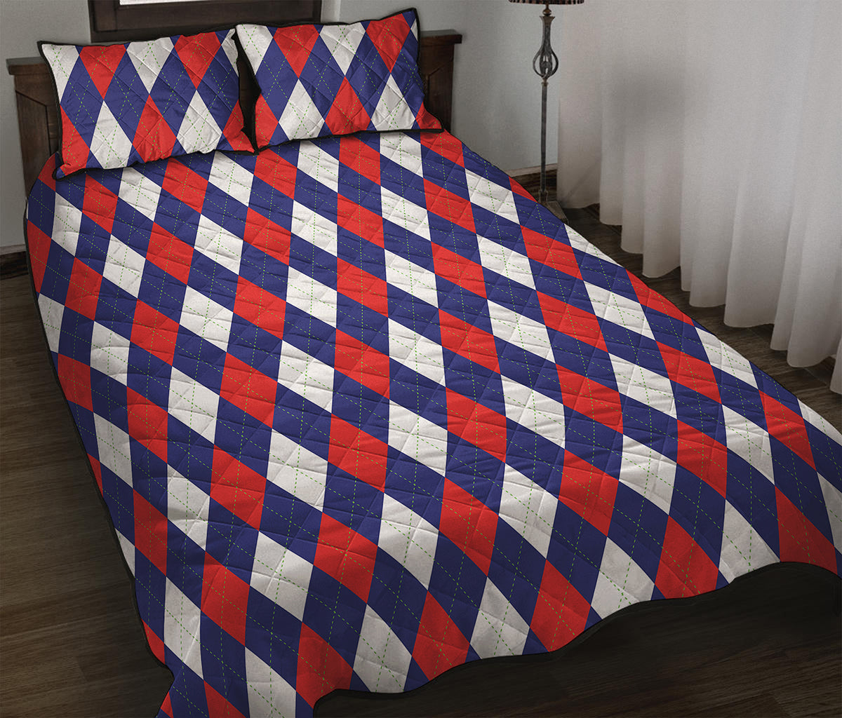 Blue Red And White Argyle Pattern Print Quilt Bed Set