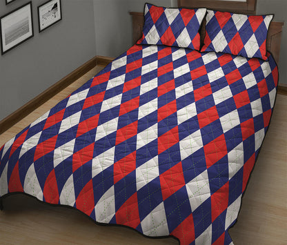Blue Red And White Argyle Pattern Print Quilt Bed Set