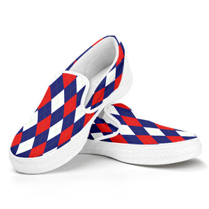 Blue Red And White Argyle Pattern Print White Slip On Shoes