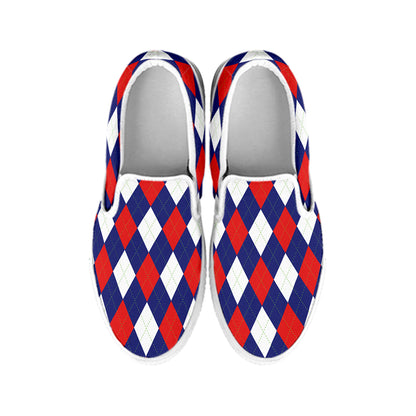 Blue Red And White Argyle Pattern Print White Slip On Shoes