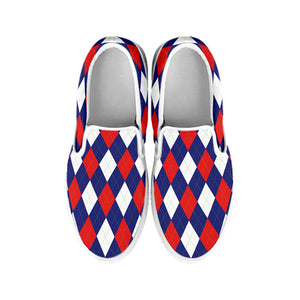 Blue Red And White Argyle Pattern Print White Slip On Shoes