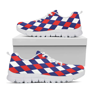 Blue Red And White Argyle Pattern Print White Sneakers