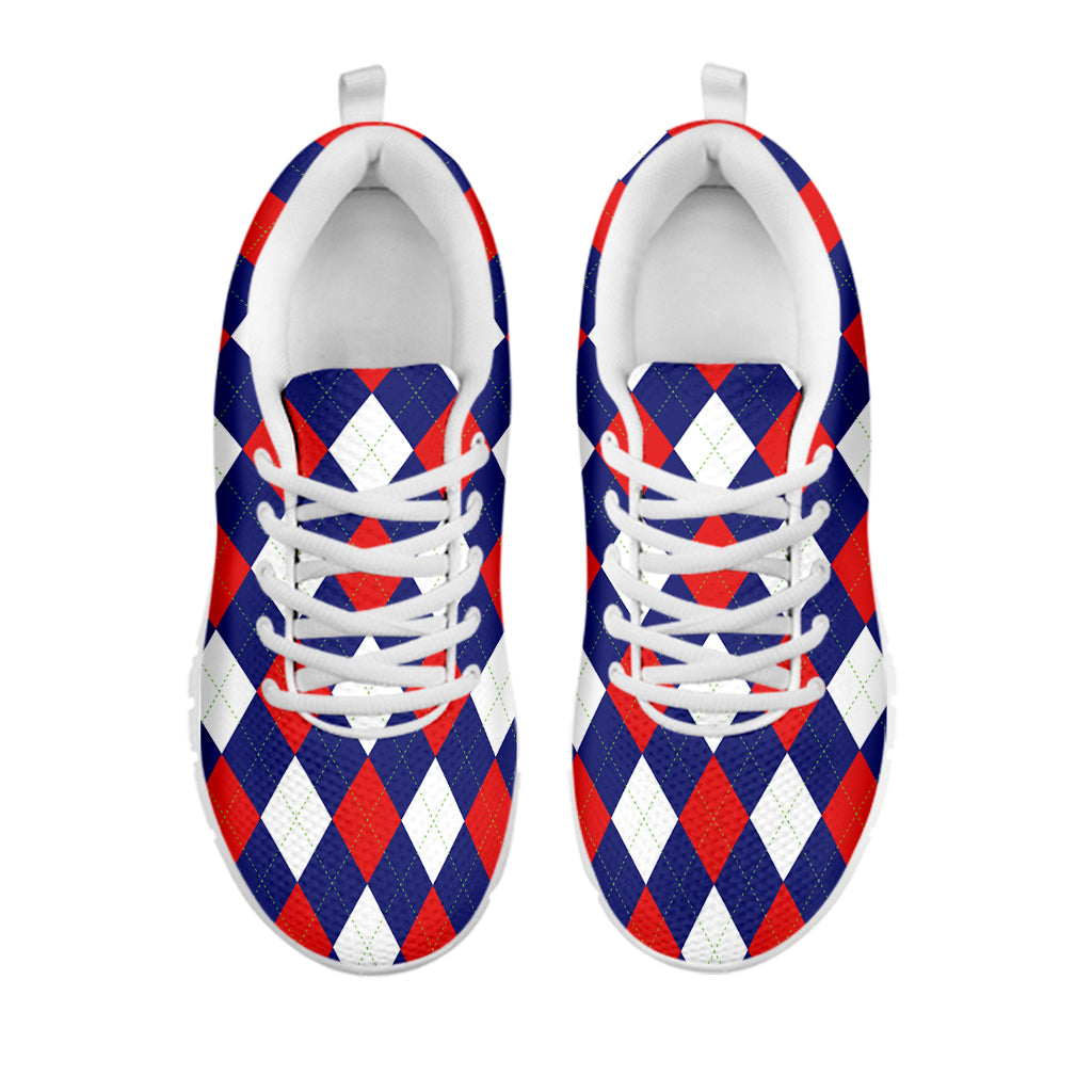 Blue Red And White Argyle Pattern Print White Sneakers