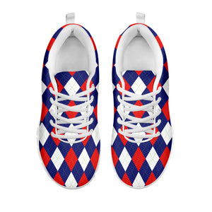 Blue Red And White Argyle Pattern Print White Sneakers