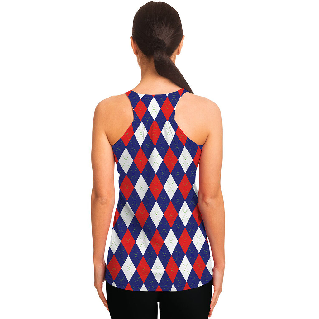 Blue Red And White Argyle Pattern Print Women's Racerback Tank Top