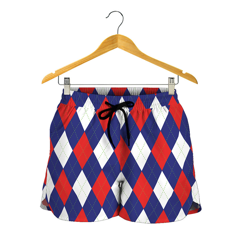 Blue Red And White Argyle Pattern Print Women's Shorts