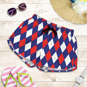 Blue Red And White Argyle Pattern Print Women's Shorts