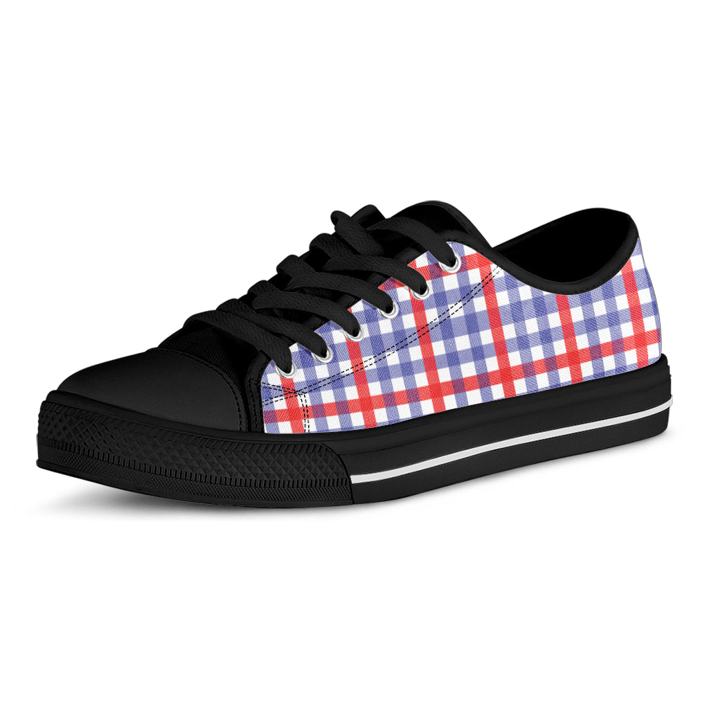 Blue Red And White Check Pattern Print Black Low Top Shoes